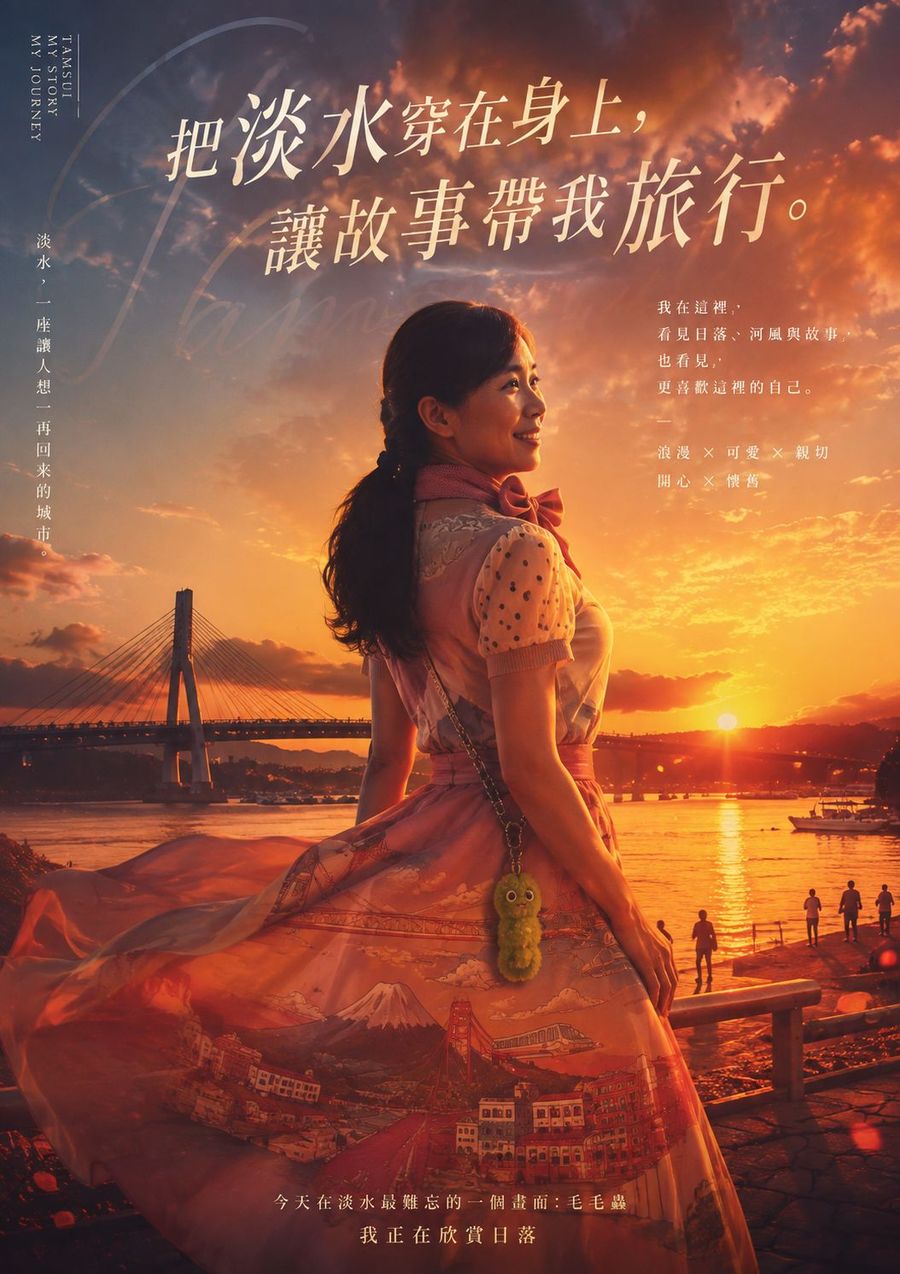 電影海報樣式,同一位女子站在淡水河岸看夕陽,標題是把淡水穿在身上,讓故事帶我旅行
