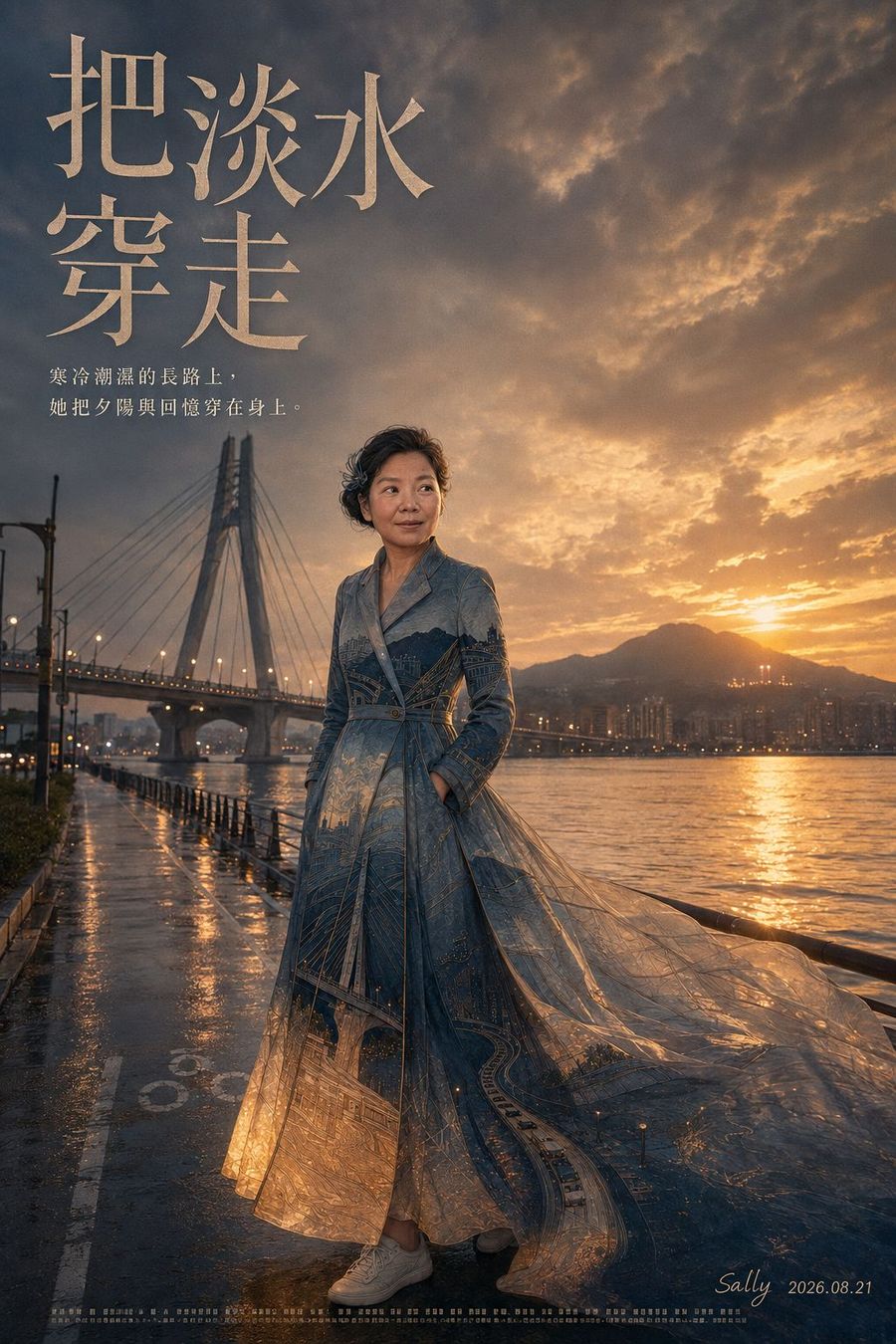 電影海報樣式,標題把淡水穿走,同一位女子走在雨後的河岸長路上,天空是橘藍色的晚霞