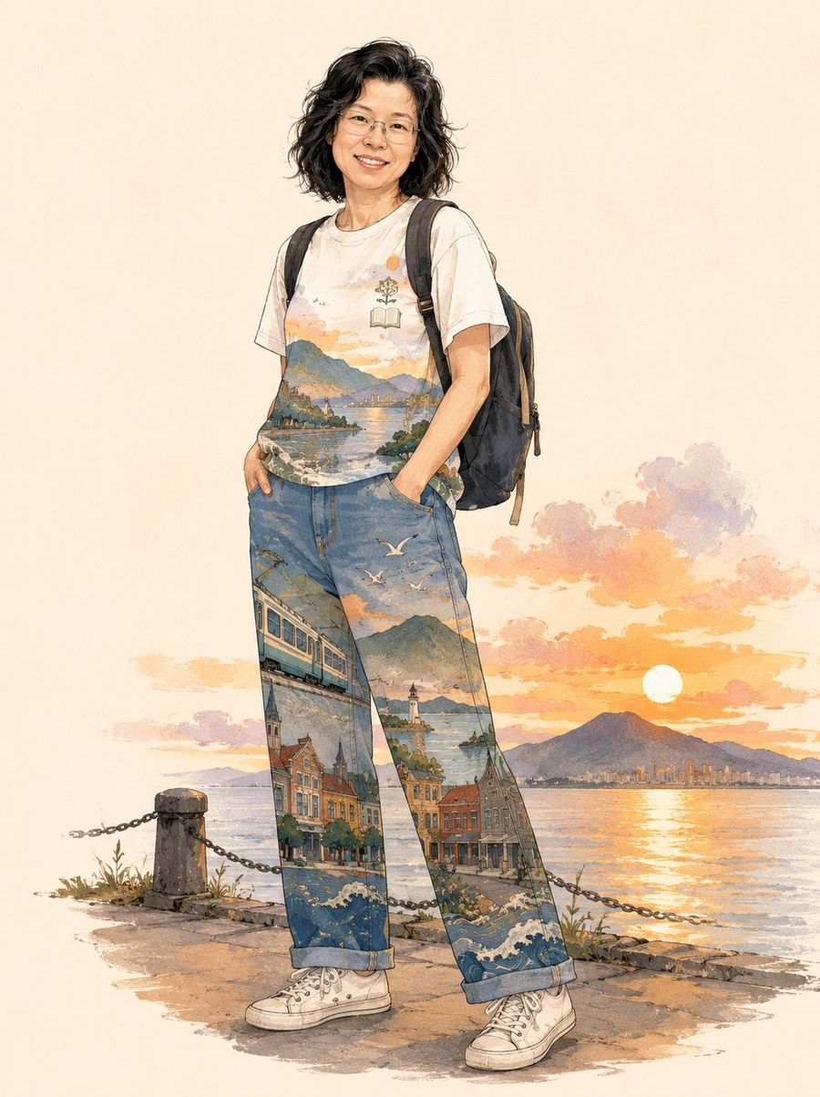 背著背包的女子穿白 T 與牛仔褲,衣褲的布料裡是淡水的山海、輕軌列車與紅磚洋樓