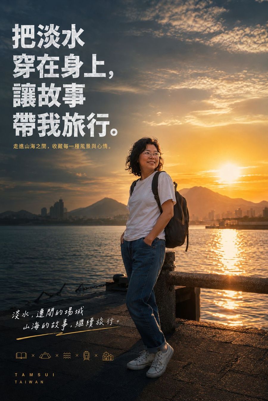 電影海報樣式,女子背著背包站在河堤邊看夕陽,標題是把淡水穿在身上,讓故事帶我旅行