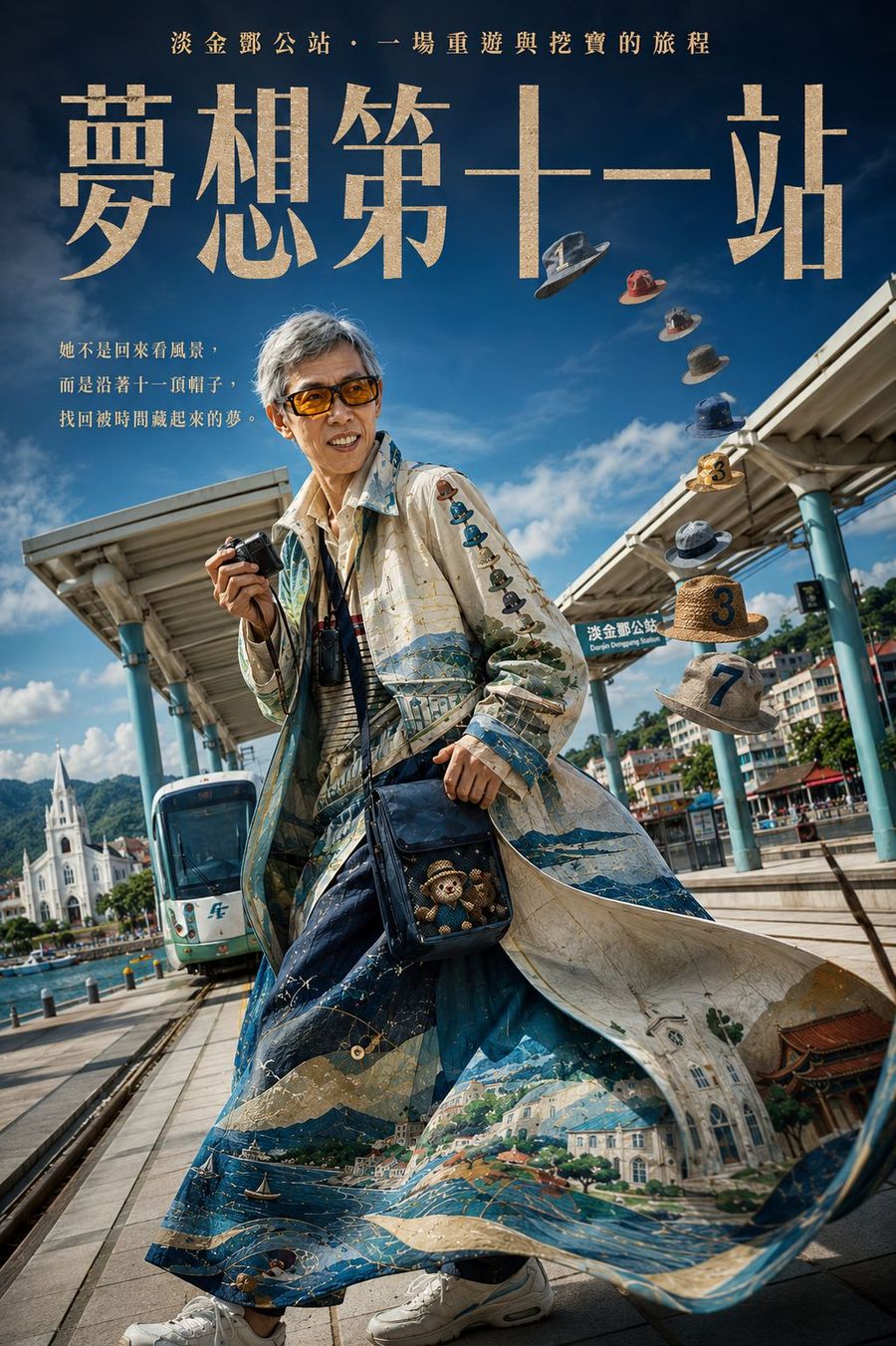 電影海報樣式,標題夢想第十一站,同一位長者站在淡金鄧公站前,天空飄著十一頂帽子