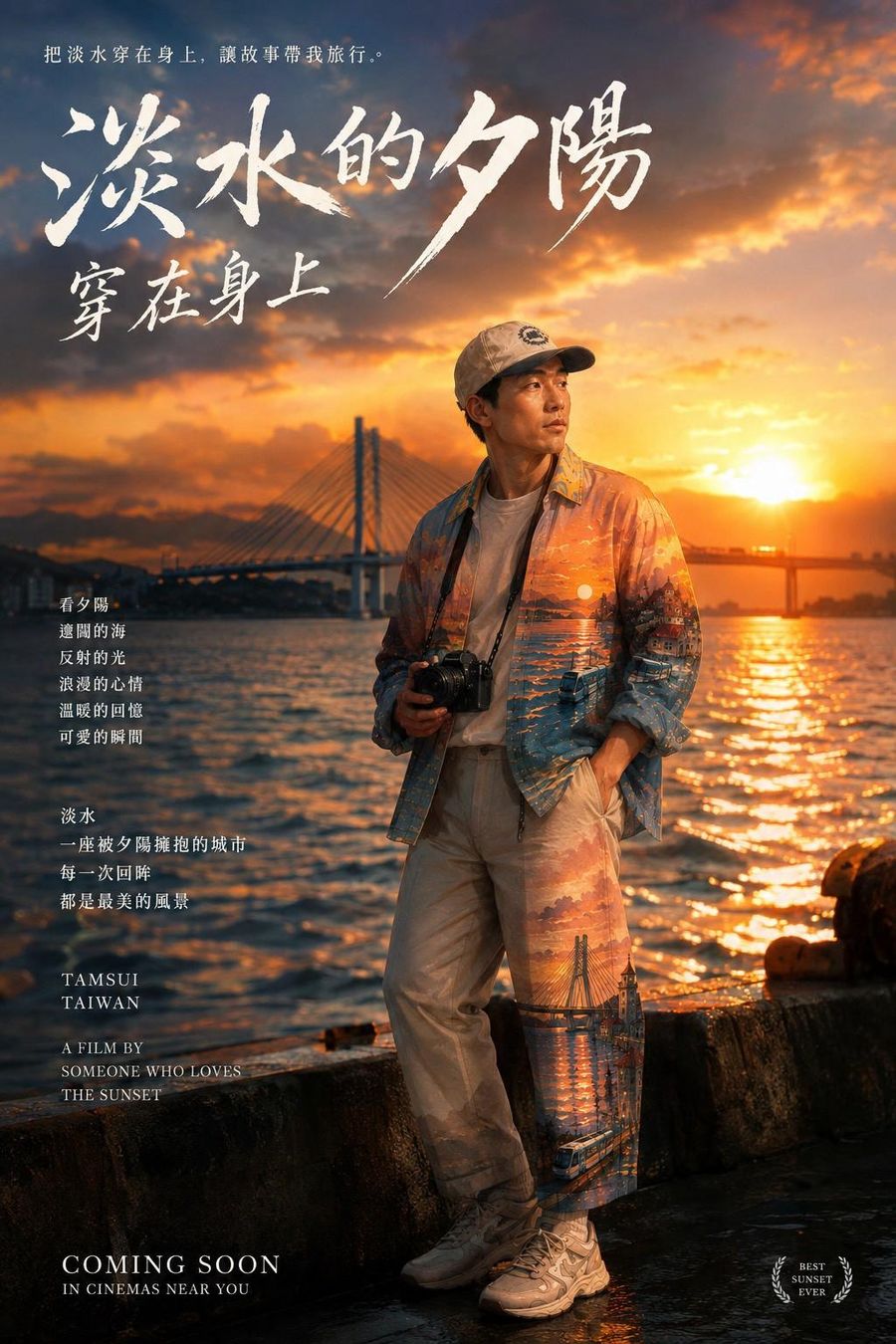 電影海報樣式,戴帽子的男子拿著相機站在淡水河邊,衣褲整片是夕陽與海面的倒影
