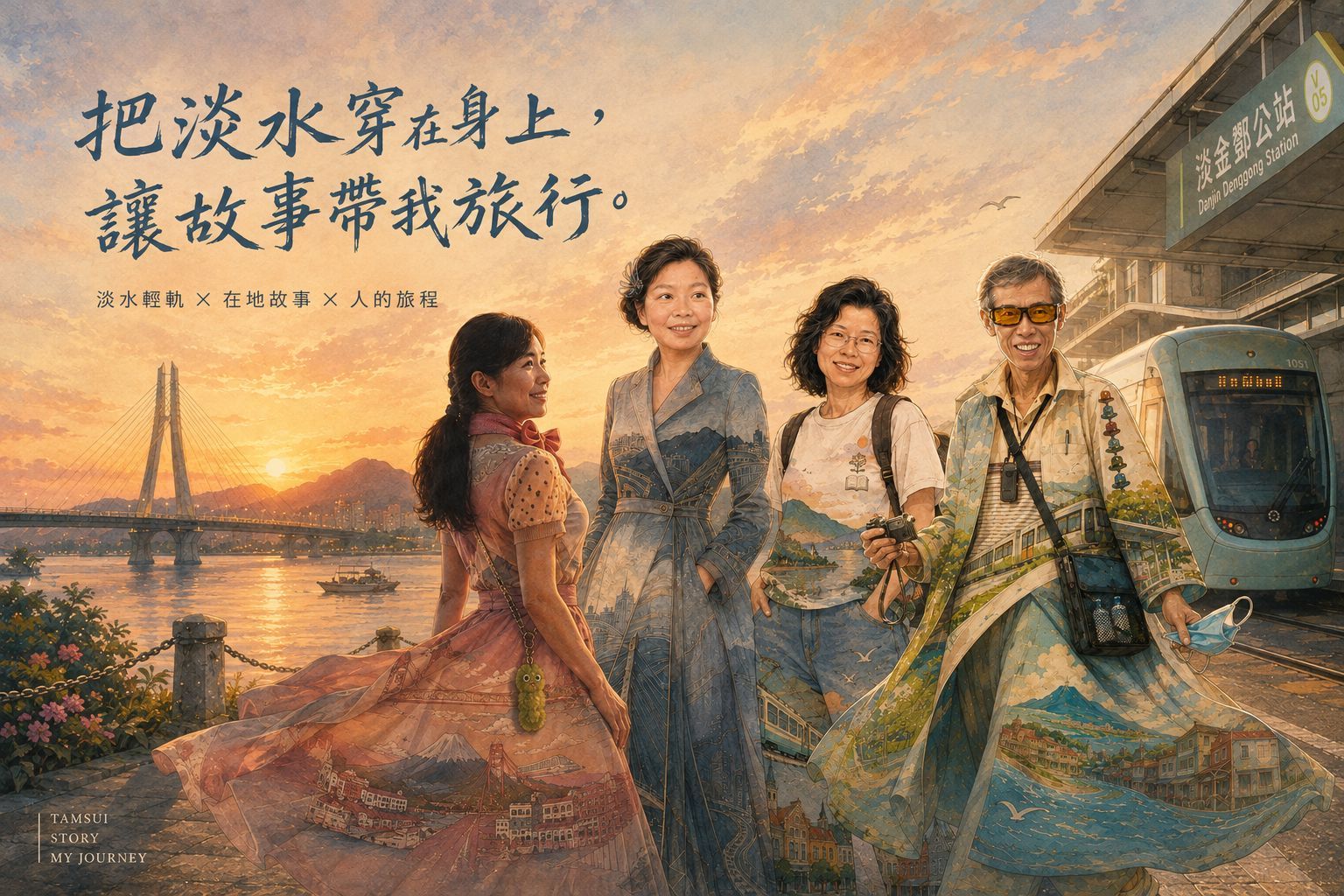 第一組主視覺：四位學員站在淡金鄧公站的輕軌月台前，身上的衣裙印著淡水河、觀音山、淡江大橋與輕軌列車的風景