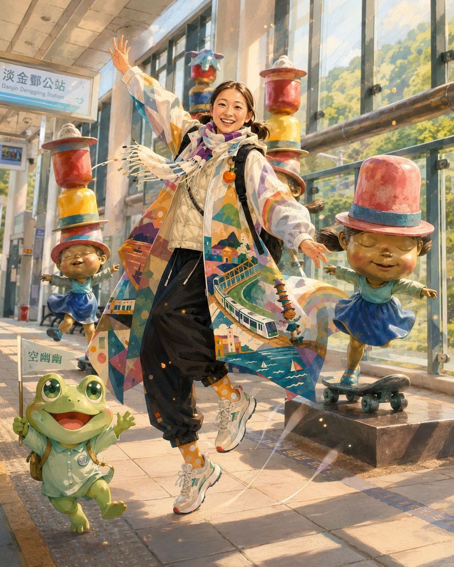 女子在淡金鄧公站月台張開雙手,身邊是堆疊帽子的公共藝術娃娃與一隻青蛙玩偶,衣服上有輕軌與海的圖案