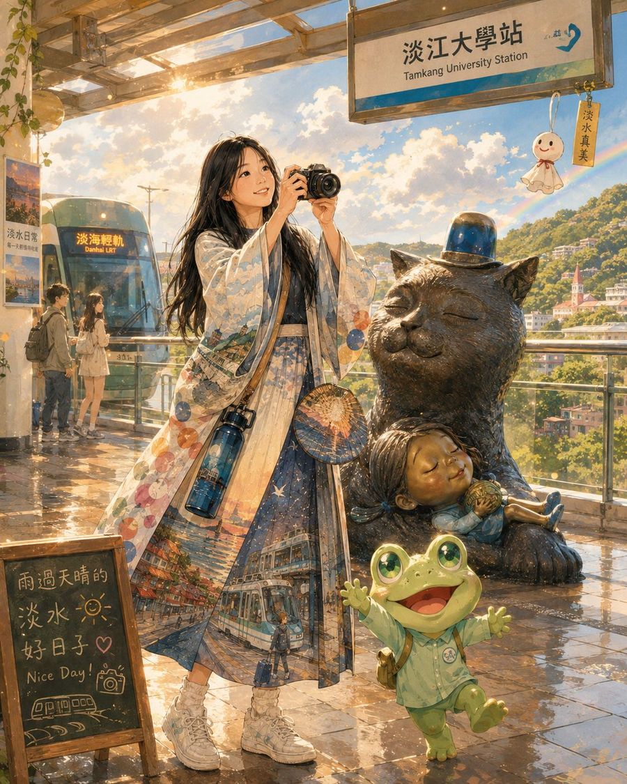 女子在淡江大學站舉起相機拍照,旁邊是戴警帽的大貓公共藝術與青蛙玩偶,地上有雨後的水光