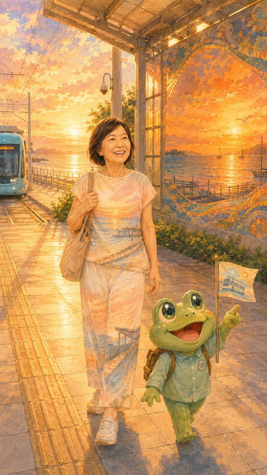 女子走在濱海沙崙站的月台,身旁的公共藝術牆上是整片橘紅色的夕陽海景