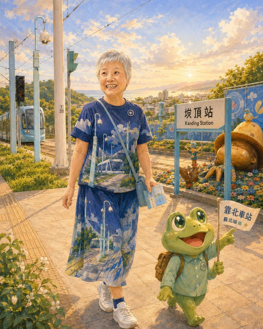 女子走過崁頂站的站牌,手上拿著印有靠北車站字樣的小旗,身旁是青蛙玩偶與藍色的公共藝術