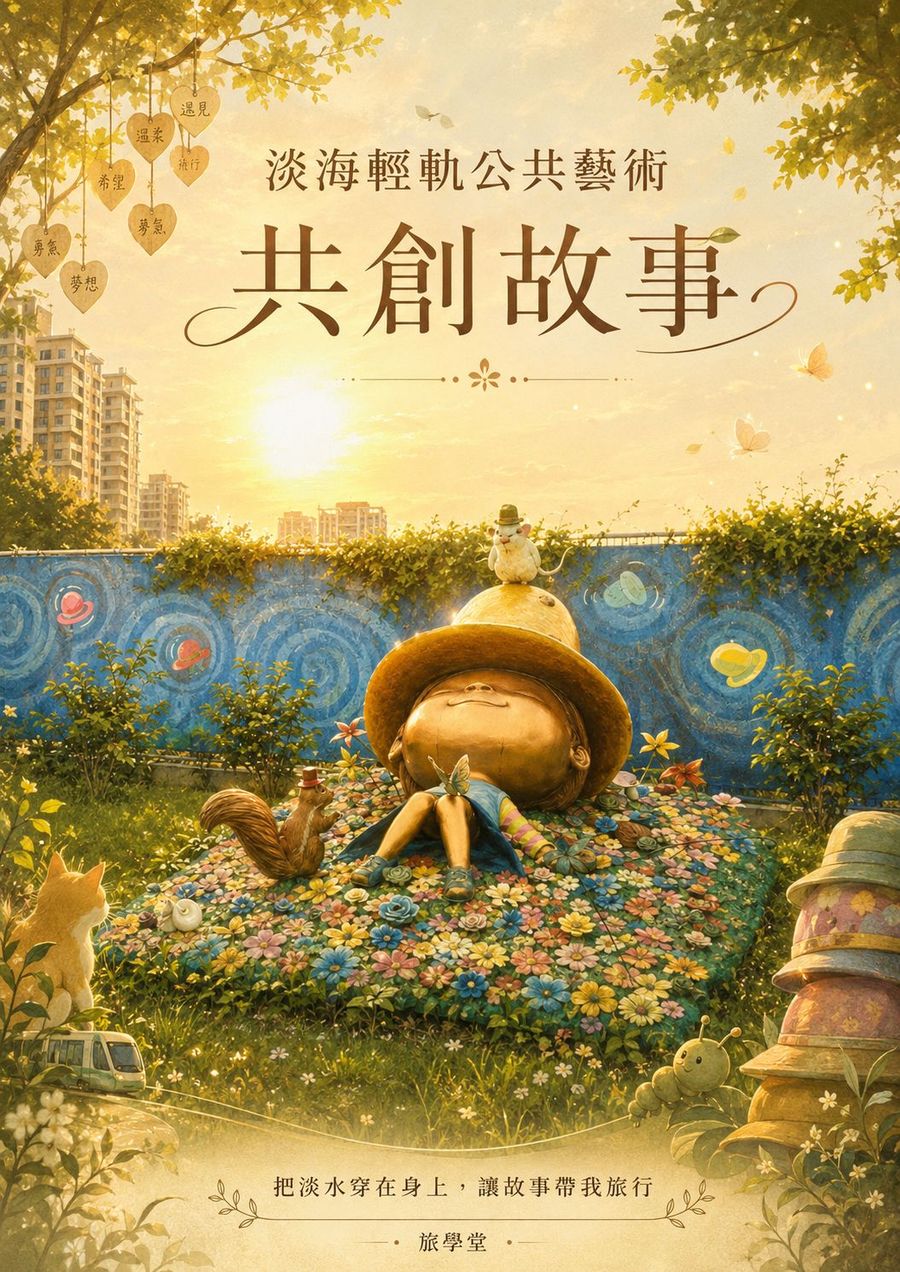 第三組組封面:黃昏花園裡戴草帽的公共藝術娃娃躺在花叢中,樹上掛著寫字的心形吊牌,標題是淡海輕軌公共藝術共創故事