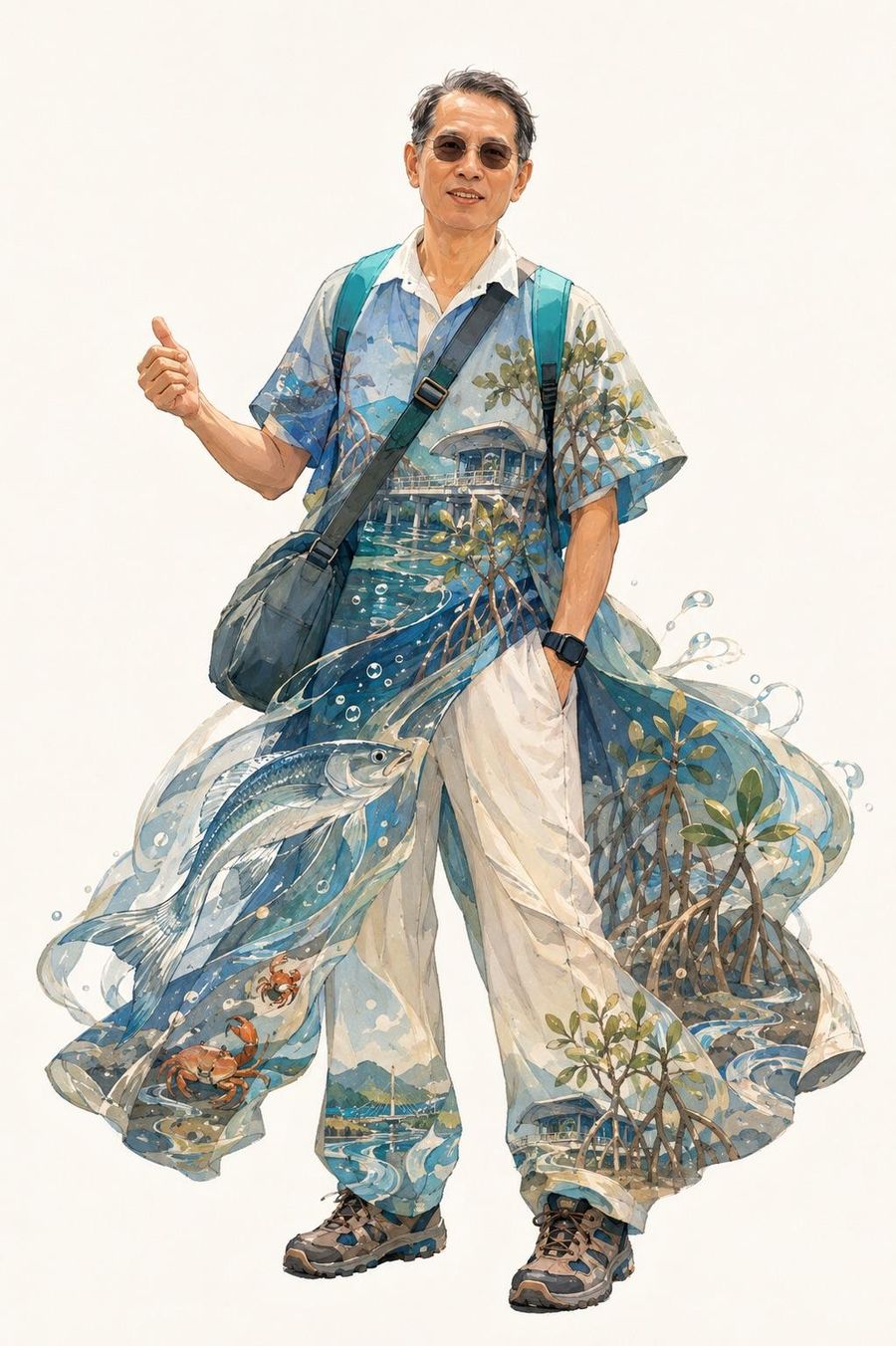 戴墨鏡的男子比出大拇指,衣服上是紅樹林、招潮蟹與水筆仔的圖案