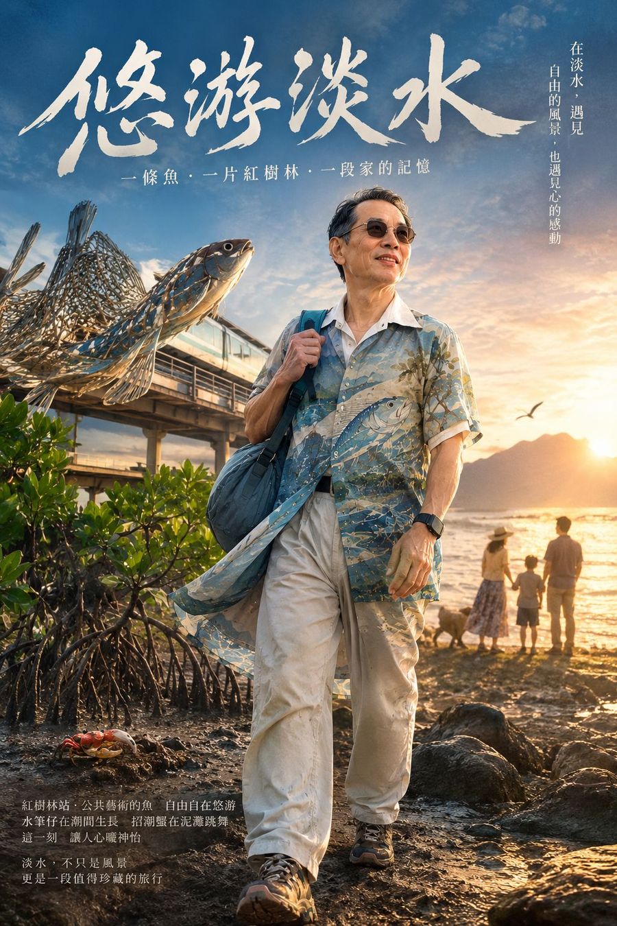 電影海報樣式,標題悠游淡水,男子走在紅樹林旁的沙灘,天空有一條大魚游過