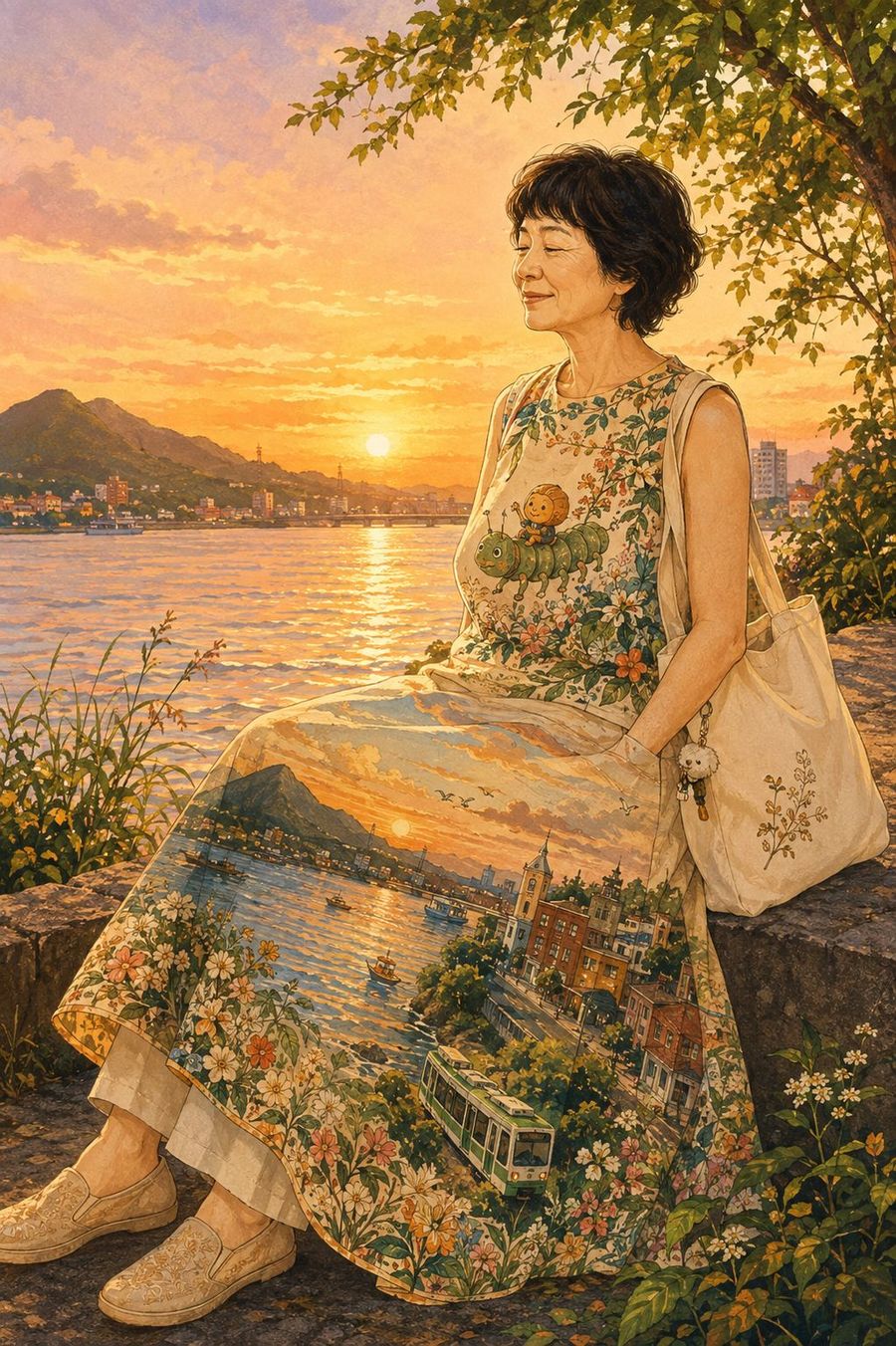女子坐在河岸的矮牆上,長裙裡是淡水河、觀音山與紅磚街屋,裙上有一隻毛毛蟲