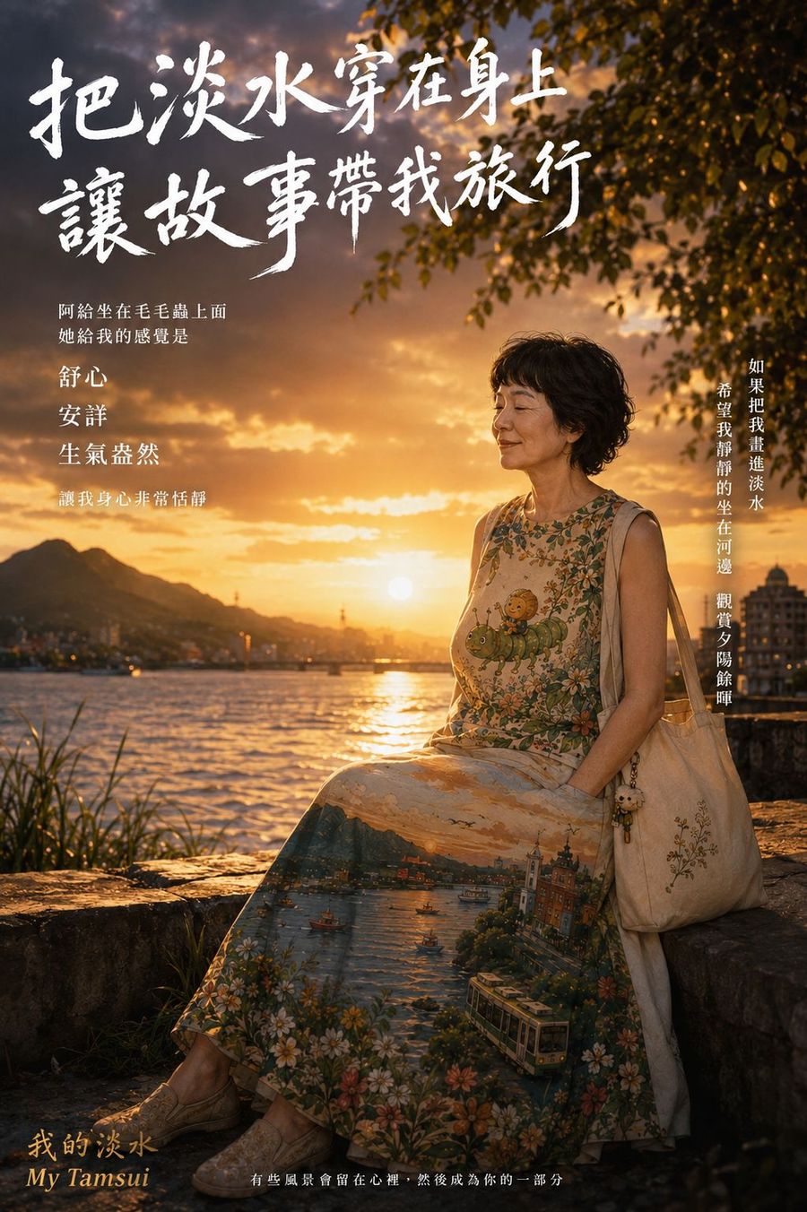 電影海報樣式,標題把淡水穿在身上讓故事帶我旅行,女子在黃昏的樹下坐著看河