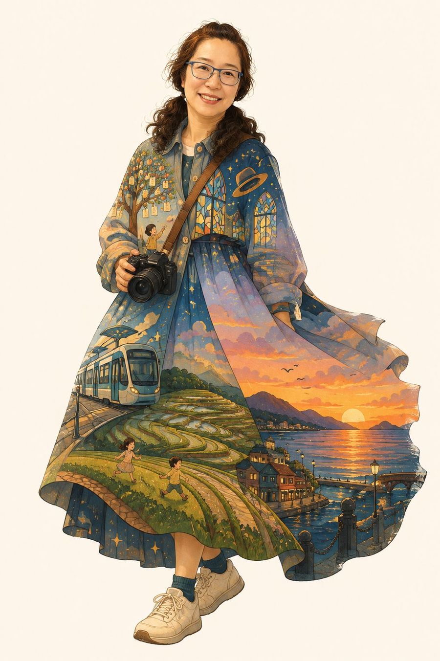 拿著相機的女子,長外套裡是梯田、星空、輕軌與夕陽的畫面