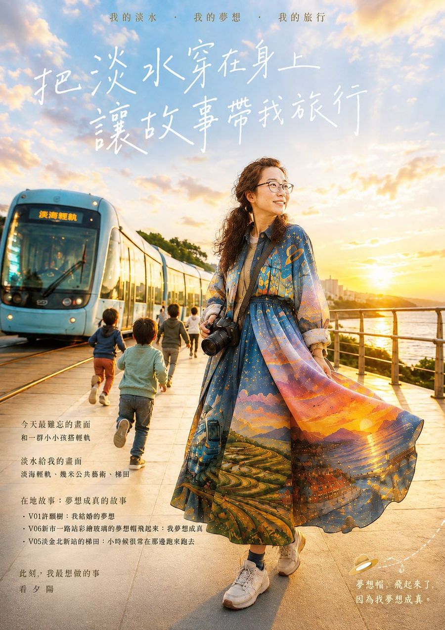 電影海報樣式,女子走在河岸步道,身後有一群奔跑的小孩與輕軌列車