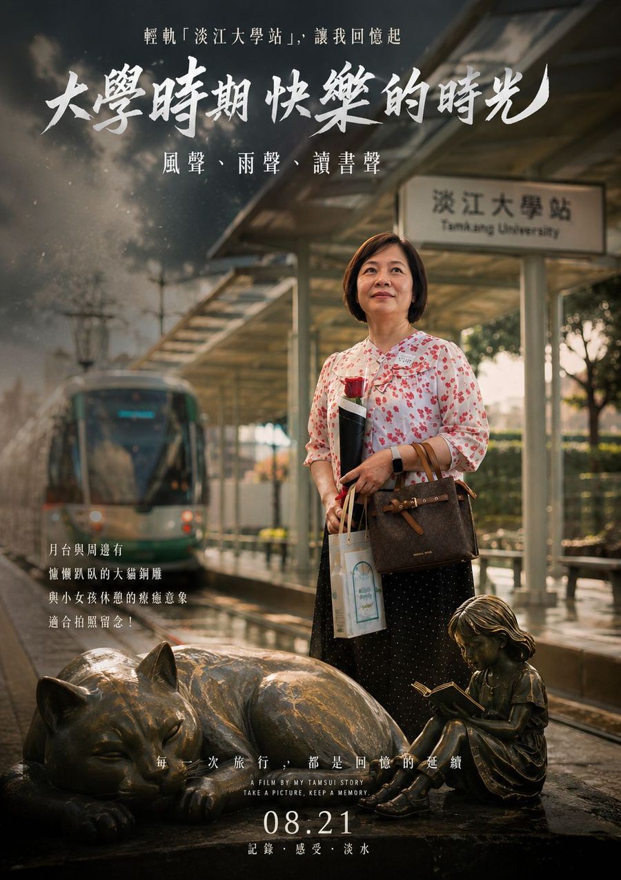 電影海報樣式,標題大學時期快樂的時光,女子站在淡江大學站前,旁邊是大貓與看書小女孩的公共藝術