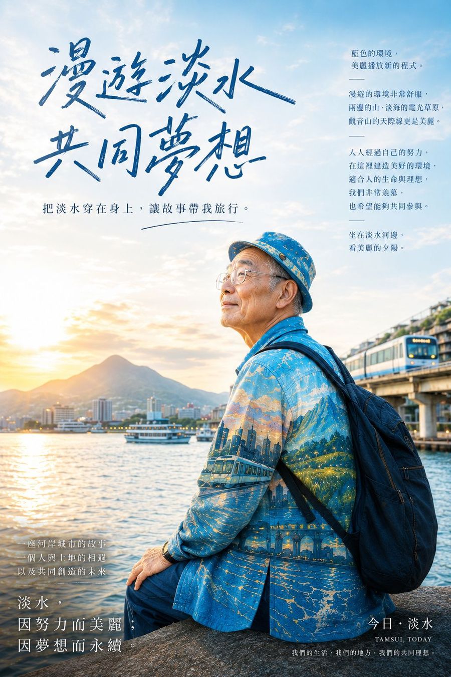 電影海報樣式,標題漫遊淡水共同夢想,長者坐在河邊石頭上望向觀音山