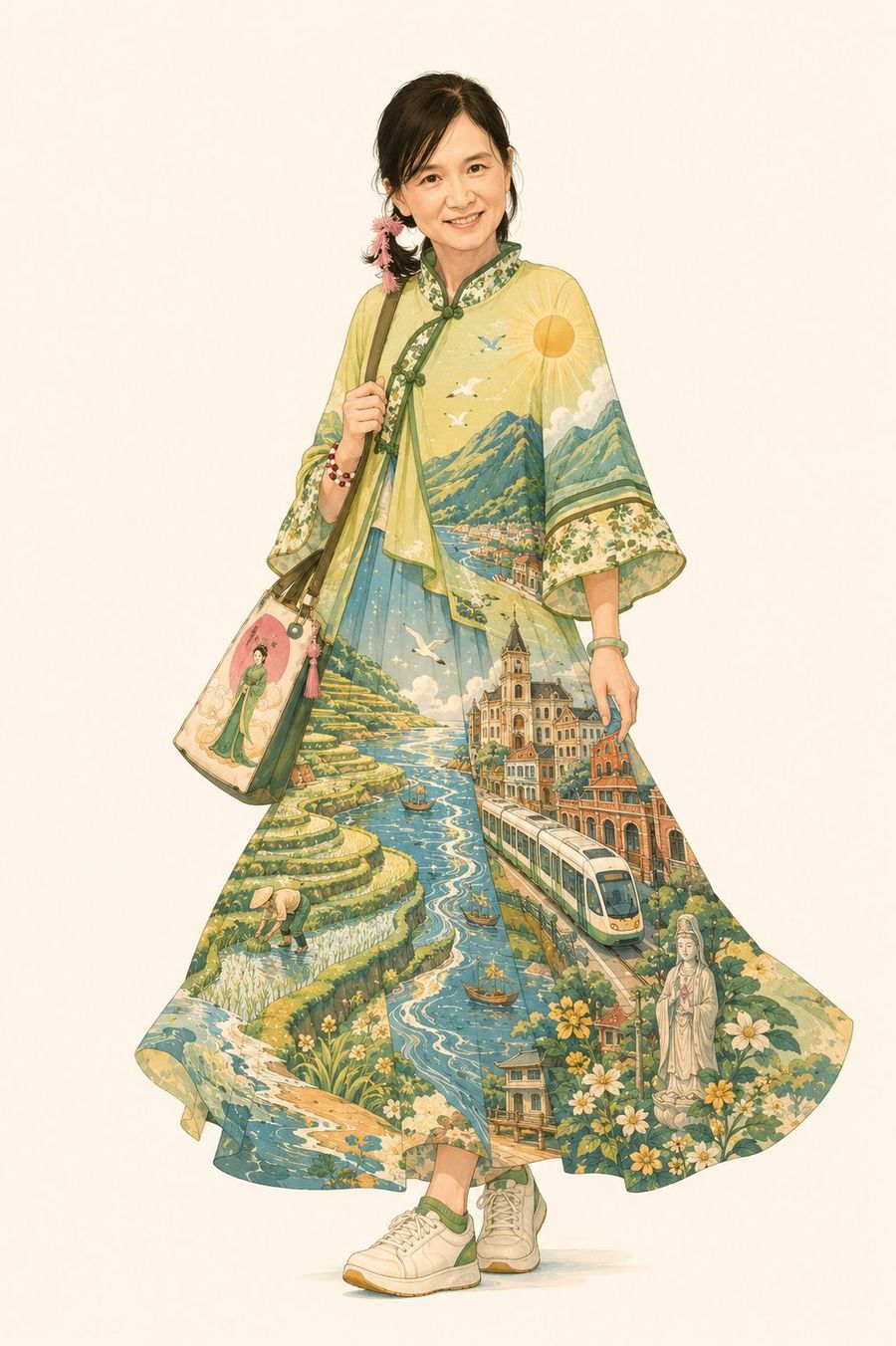 女子穿著綠與藍的長裙,裙裡是梯田、觀音像、輕軌與紅磚洋樓