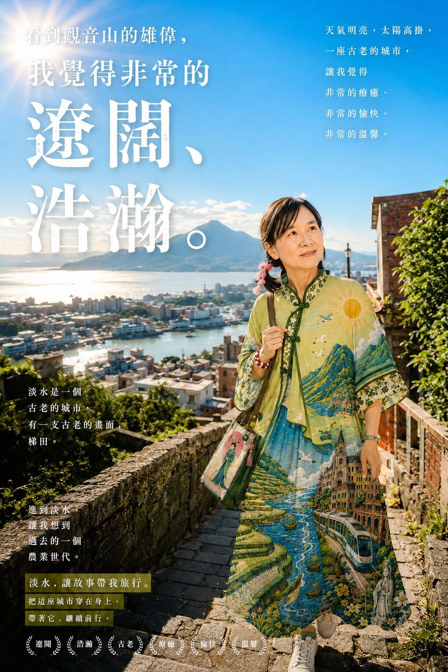 電影海報樣式,標題遼闊浩瀚,女子站在紅磚石階上,遠方是淡水河口與觀音山