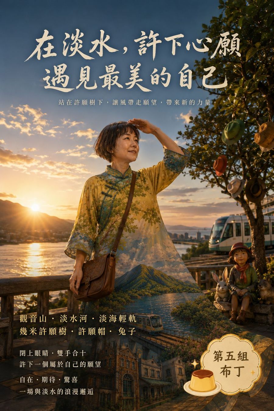 電影海報樣式,標題在淡水許下心願遇見最美的自己,女子站在掛滿帽子的許願樹旁