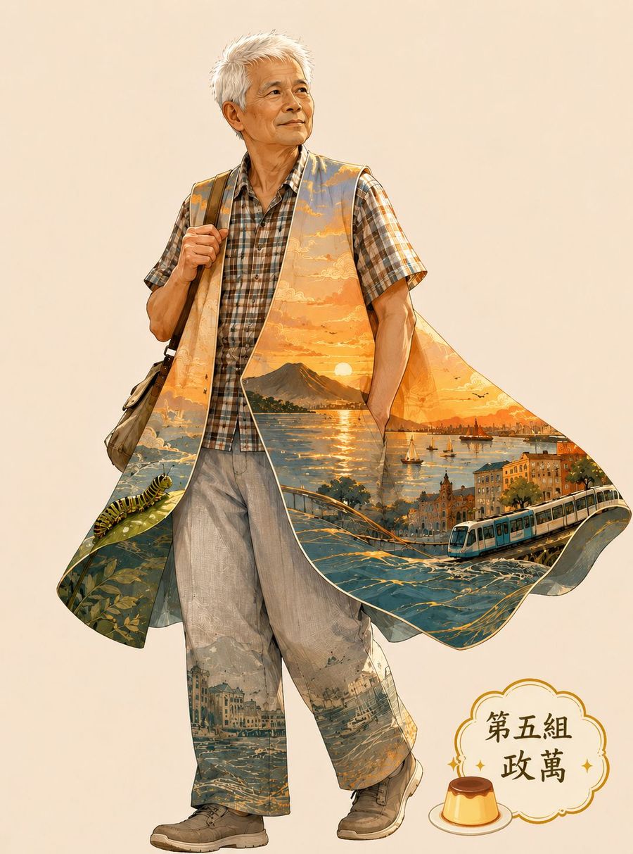 長者背著側背包,外套裡是夕陽下的淡水河、渡船與輕軌列車