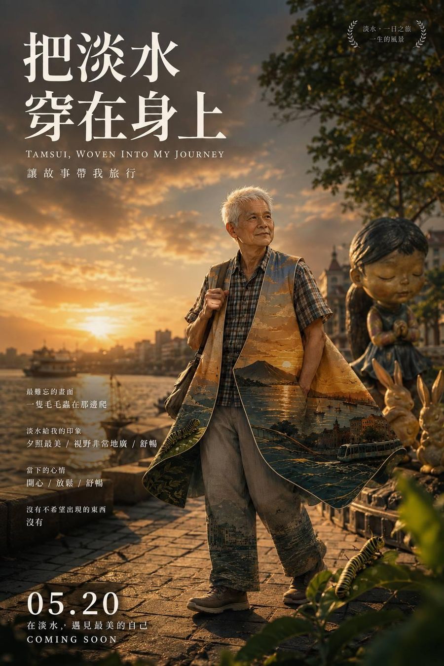 電影海報樣式,長者走在河岸石板路上,旁邊是雙手合十的小女孩銅雕