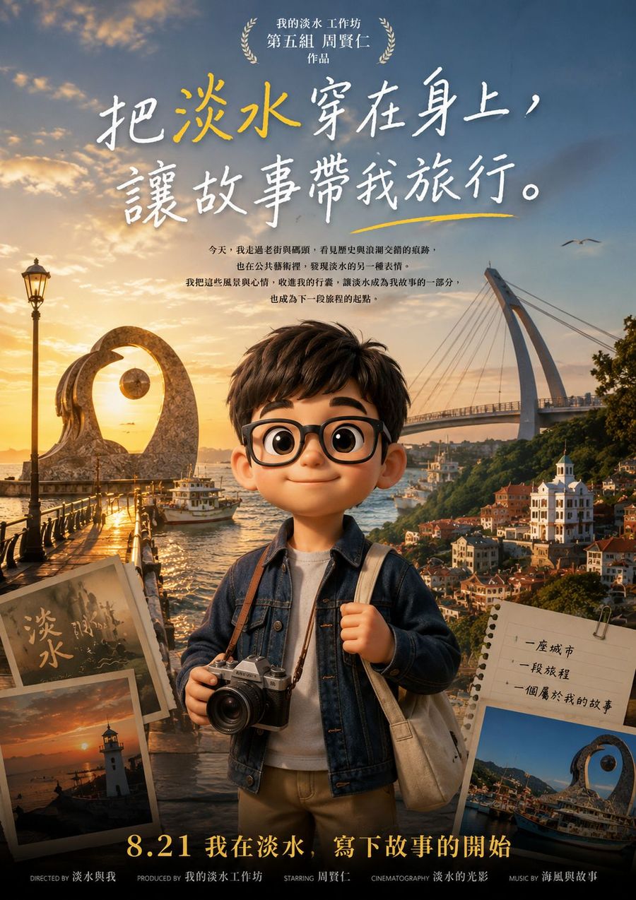 電影海報樣式,戴眼鏡的動畫男孩拿著相機站在漁人碼頭,四周散落淡水的拍立得照片