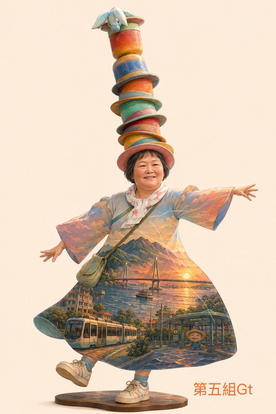 頭上疊著一整落彩色帽子的女子張開雙手,裙子裡是淡水河的夕陽與輕軌列車