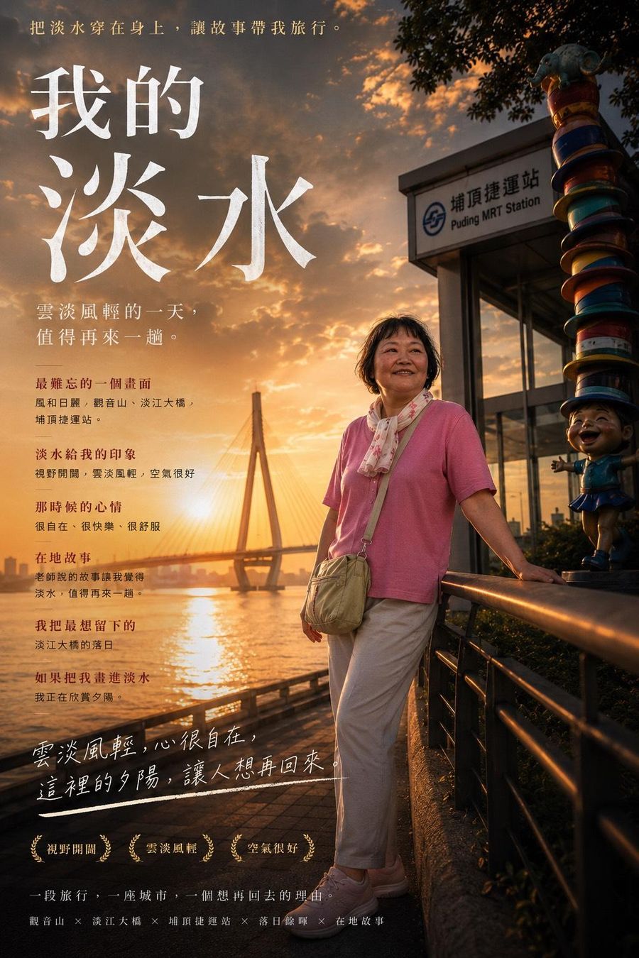 電影海報樣式,女子站在崁頂捷運站前,旁邊是堆疊帽子的公共藝術與夕陽下的淡江大橋