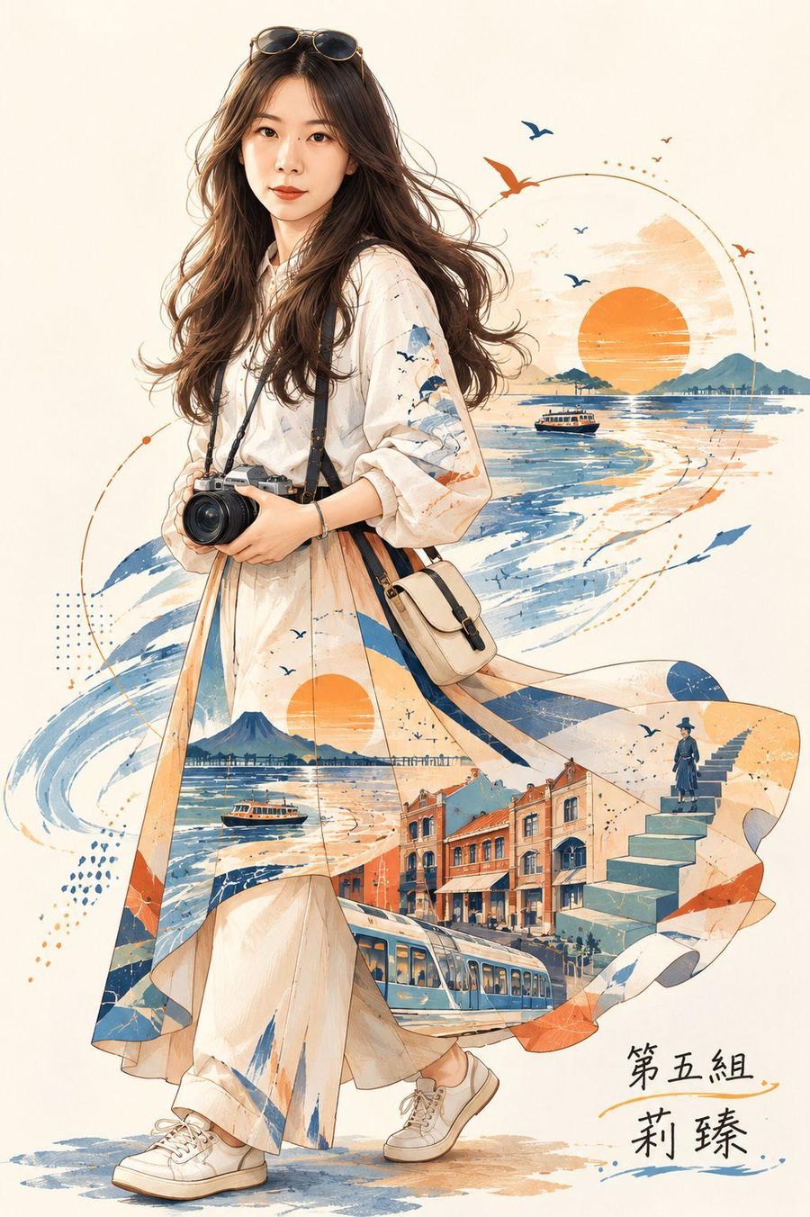 拿著相機的長髮女子,白色長裙裡是藍橘色調的海浪、街屋與輕軌列車