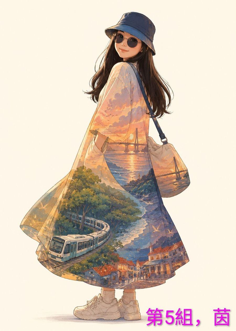戴帽的長髮女子背影,長裙裡是輕軌列車、河岸與夕陽
