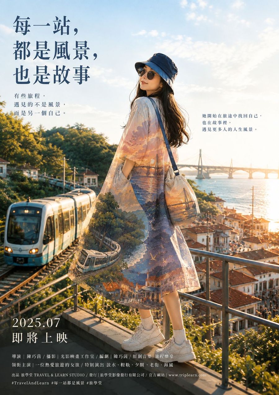 電影海報樣式,標題每一站都是風景也是故事,女子站在高處看輕軌列車駛過