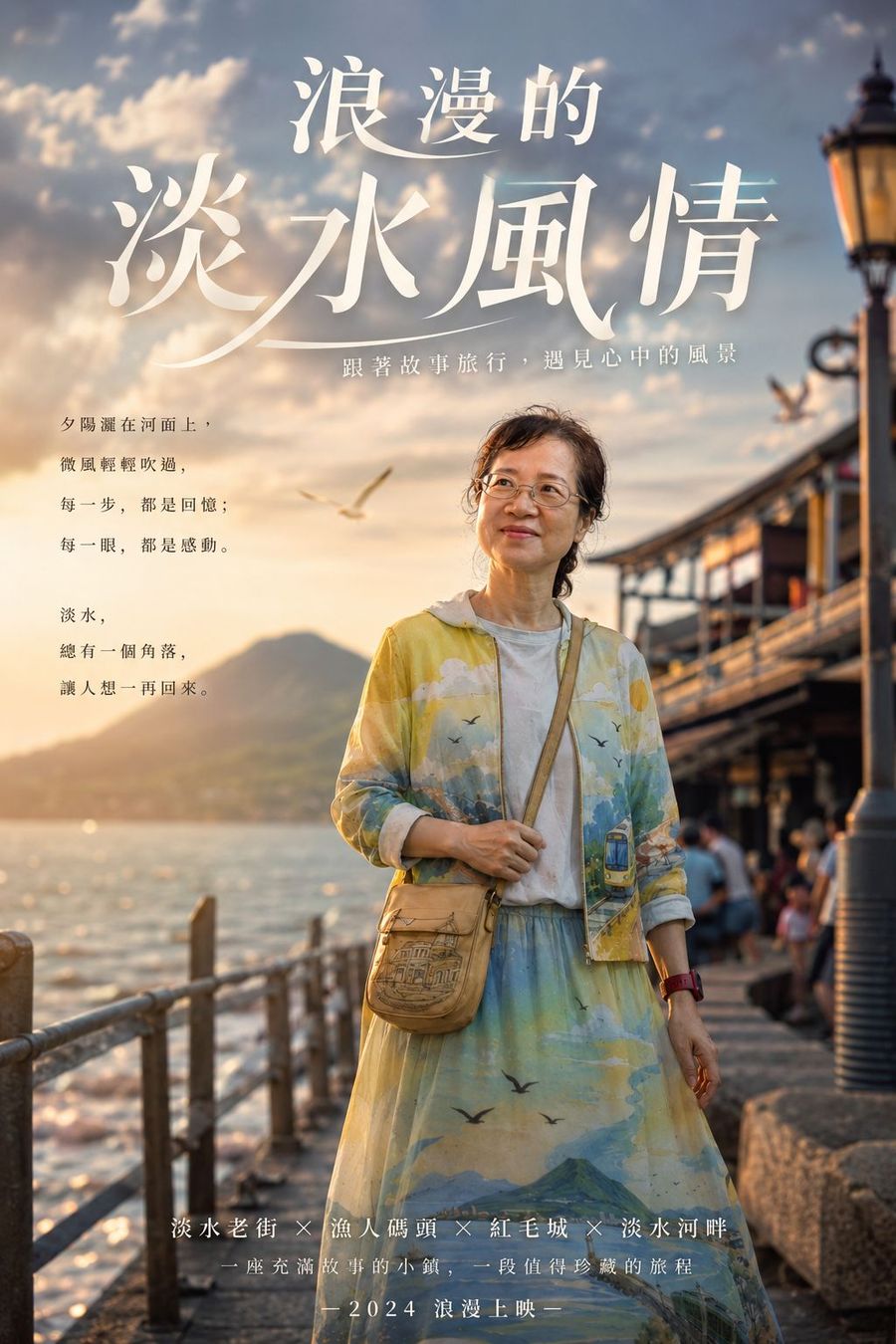 電影海報樣式,標題浪漫的淡水風情,女子走在黃昏的淡水老街河岸