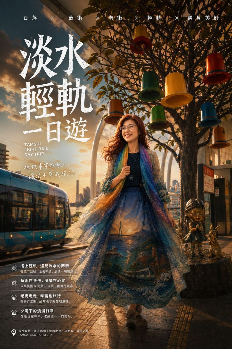 電影海報樣式,標題淡水輕軌一日遊,女子站在掛滿彩色帽子的樹下,旁邊是輕軌列車