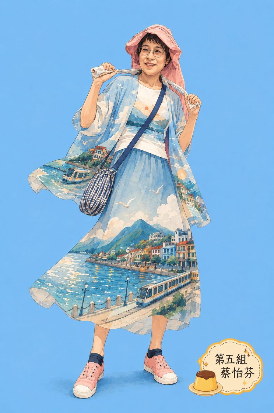 戴粉紅帽的女子拿著捲軸,藍色長裙裡是淡水河、觀音山與河岸街屋