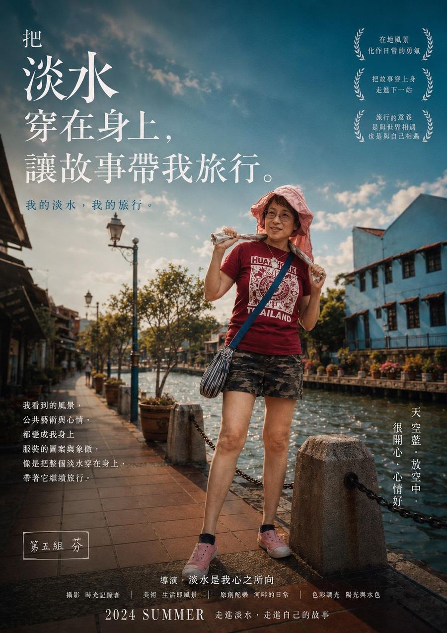 電影海報樣式,女子走在淡水老街的巷弄裡,身旁是白牆與河岸的欄杆