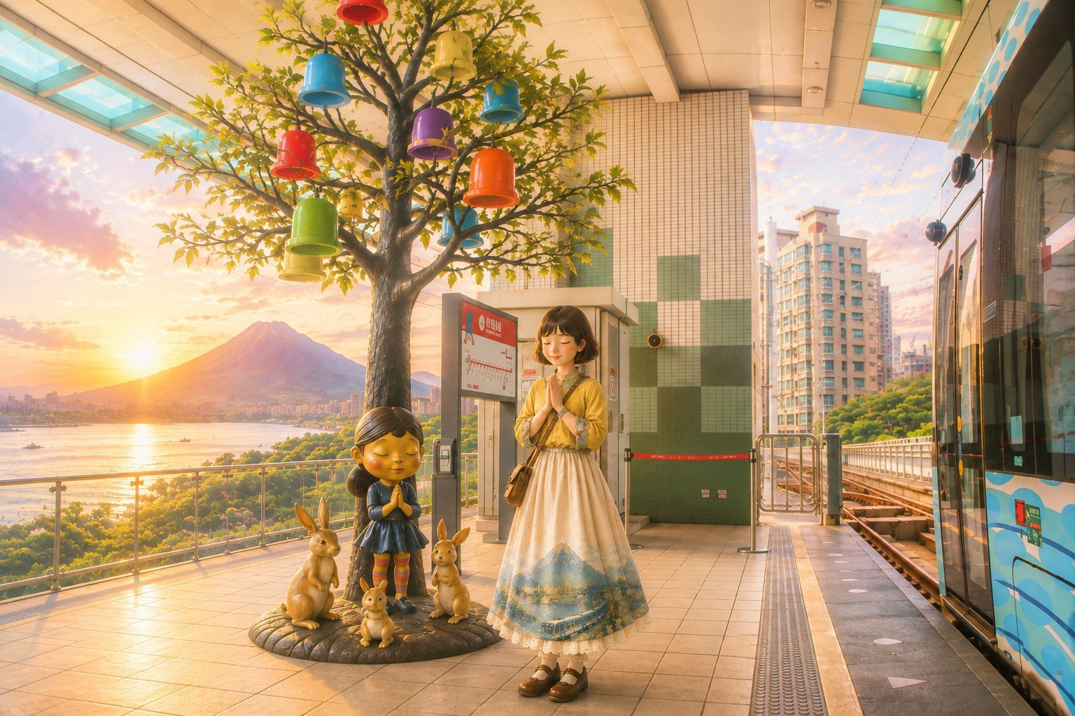 第五組組封面:女子在掛滿彩色帽子的樹下雙手合十,旁邊是雙手合十的小女孩銅雕與三隻兔子,遠方是觀音山的日落